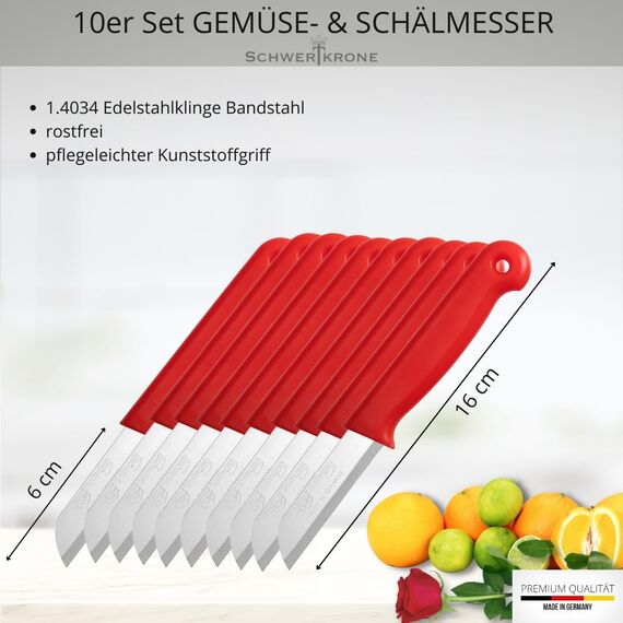 Schwertkrone® Schälmesser 10er Set [MADE IN SOLINGEN - GERMANY] - Gemüsemesser Obstmesser - Küchenmesser klein scharf - Schneidemesser Kartoffelschälmesser - Allzweckmesser (10x rot - 6cm Klinge)