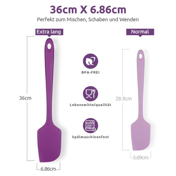 35,6cm Extra Großer Silikon Spatel: U-Taste 315℃ Hitzebeständiger Langer Flexibler Gummispatel für Schalen & Antihaft-kochgeschirr, Nahtloses Backen Teigschaber für Mischen Schaben Kochen (Lila)
