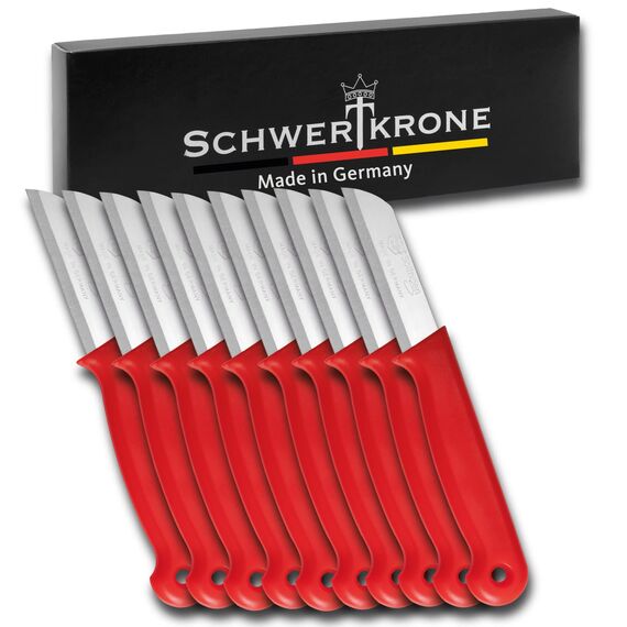 Schwertkrone® Schälmesser 10er Set [MADE IN SOLINGEN - GERMANY] - Gemüsemesser Obstmesser - Küchenmesser klein scharf - Schneidemesser Kartoffelschälmesser - Allzweckmesser (10x rot - 6cm Klinge)