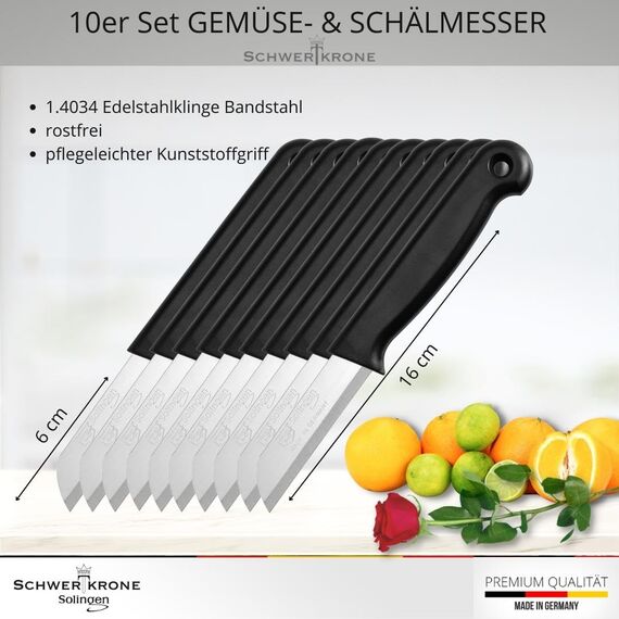 Schwertkrone® Schälmesser 10er Set [MADE IN SOLINGEN - GERMANY] - Gemüsemesser Obstmesser - Küchenmesser klein scharf - Schneidemesser Kartoffelschälmesser - Allzweckmesser (10x schwarz - 6cm Klinge)