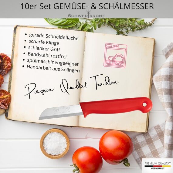 Schwertkrone® Schälmesser 10er Set [MADE IN SOLINGEN - GERMANY] - Gemüsemesser Obstmesser - Küchenmesser klein scharf - Schneidemesser Kartoffelschälmesser - Allzweckmesser (10x rot - 6cm Klinge)