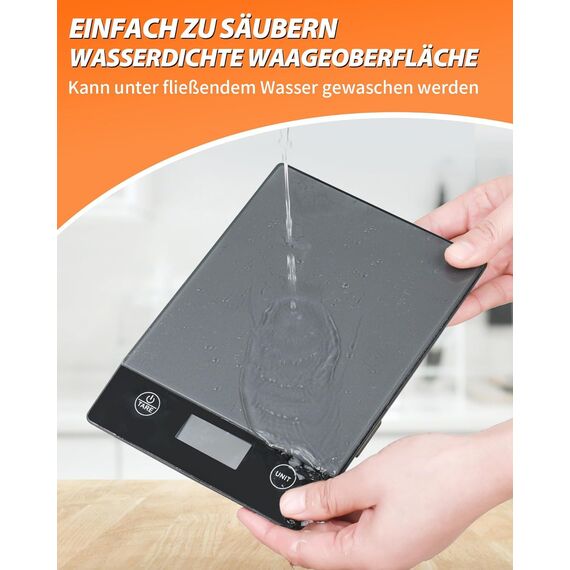 Küchenwaage Digital,Geneigtes Display,10KG,Hochpräzise 1g,mit Tara-Funktion,Glas Lebensmittelwaage Wasserdicht,Touchscreen inkl. Batterien-Grau