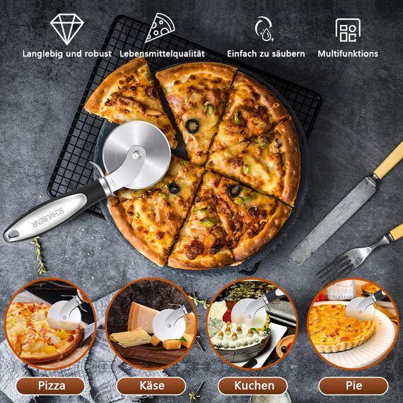 SCHVUBENR Premium Pizzaschneider - Superscharfer Pizzaroller aus Edelstahl - Leicht zu schneiden und zu reinigen - Spülmaschinenfest - Für große und kleine Pizza - Küchenutensilien - Schwarz