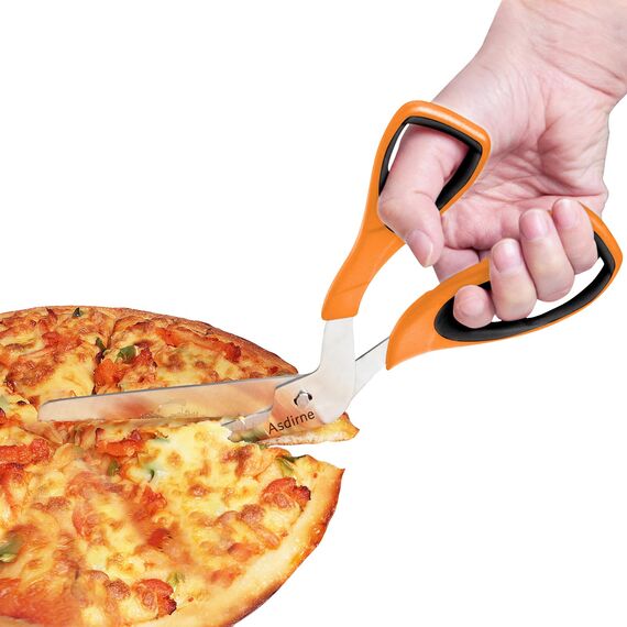 Asdirne Pizzaschere, Pizzaschneider mit lebensmittelechtem, scharfem Edelstahlblatt und weichem Griff, multifunktionale Küchenschere, 27 cm, Schwarz/Orange