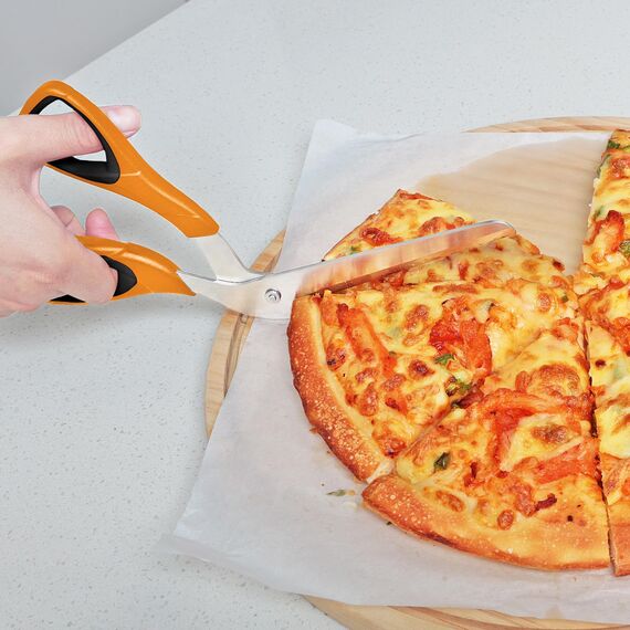 Asdirne Pizzaschere, Pizzaschneider mit lebensmittelechtem, scharfem Edelstahlblatt und weichem Griff, multifunktionale Küchenschere, 27 cm, Schwarz/Orange