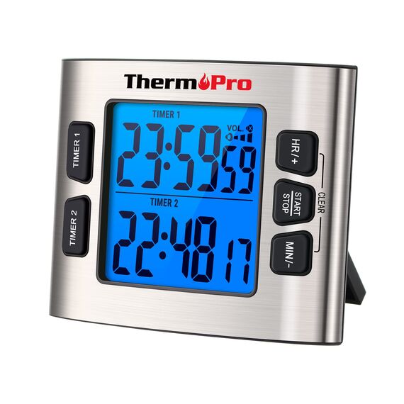 ThermoPro TM02 digitaler Küchentimer mit 2 Countdown-Stoppuhren Timer/Magnetuhr mit einstellbarem lautem Alarm und Hintergrundbeleucht mit großen LCD-Ziffern/24-Stunden-Anzeige für Kinder Lehrer