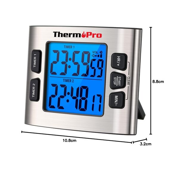 ThermoPro TM02 digitaler Küchentimer mit 2 Countdown-Stoppuhren Timer/Magnetuhr mit einstellbarem lautem Alarm und Hintergrundbeleucht mit großen LCD-Ziffern/24-Stunden-Anzeige für Kinder Lehrer