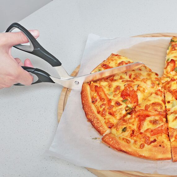 Asdirne Pizzaschere, Pizzaschneider mit Scharfer Edelstahlklinge in Lebensmittelqualität und Griff mit Weichem Griff, Multifunktionale Küchenschere, 27CM, Schwarz/Grau