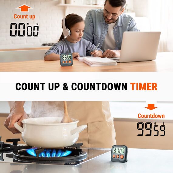 ThermoPro TM03W Küchentimer, digitaler Kochtimer mit großem LCD-Display, große Ziffern, Alarmlautstärke, einstellbare Timer, Uhr, multifunktionaler Countdown-Timer