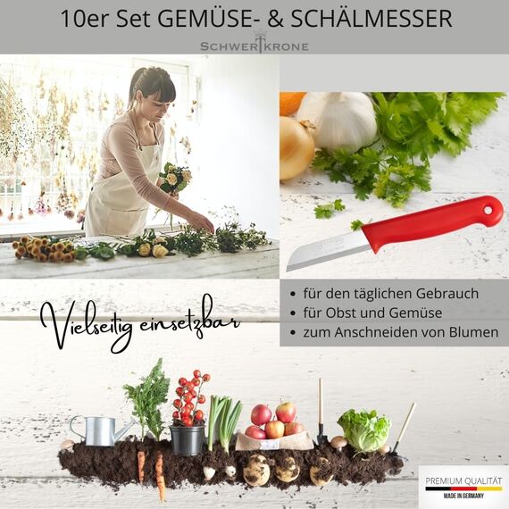 Schwertkrone® Schälmesser 10er Set [MADE IN SOLINGEN - GERMANY] - Gemüsemesser Obstmesser - Küchenmesser klein scharf - Schneidemesser Kartoffelschälmesser - Allzweckmesser (10x rot - 6cm Klinge)