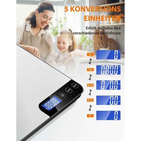 Küchenwaage Digital 20KG,Großer Wiegefläche Digitalwaage mit Lineal,Professionelle Electronische Waage,Edelstahl Haushaltswaage Lebensmittelwaage,Tara Funktion,no Usb 5 Einheiten,LCD inkl. Batterien