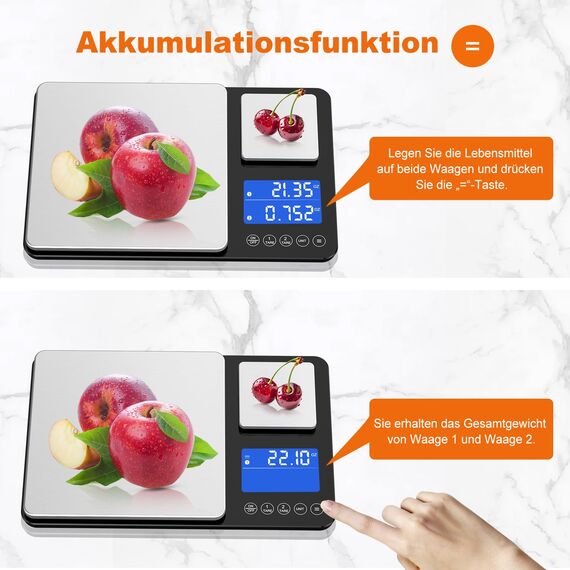 KüChenwaage Digital,Digitale KüChen mit 2 Plattformen 15kg/1g & 500g/0.01g Feinwaage mit 7/6 Einheiten,Summierungsfunktion,Auto-Off, Tara,No Usb,LCD,für KüChe Schmuck Backen Kochen,inkl. Batterien