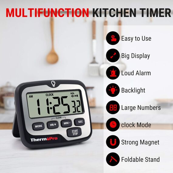 ThermoPro TM01 Küchentimer, digital, mit großem LCD-Display, Lautstärke, Alarm, Timer, Multifunktions-Timer, verstellbar, Countdown, Hintergrundbeleuchtung