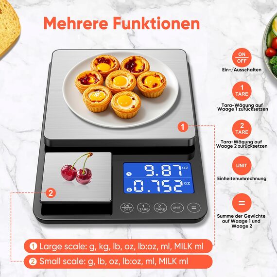 KüChenwaage Digital,Digitale KüChen mit 2 Plattformen 15kg/1g & 500g/0.01g Feinwaage mit 7/6 Einheiten,Summierungsfunktion,Auto-Off, Tara,Led Display,für KüChe Schmuck Backen Kochen, Inkl. Batterien