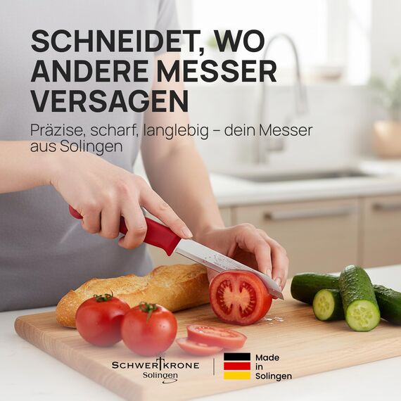 Schwertkrone® Tomatenmesser Obst- & Gemüsemesser 6er Set [MADE IN SOLINGEN - GERMANY] - Küchenmesser klein scharf - Schneidemesser Schälmesser Sägemesser - Allzweckmesser (Gezahnte Klinge: 9,0cm)