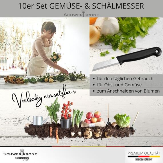 Schwertkrone® Schälmesser 10er Set [MADE IN SOLINGEN - GERMANY] - Gemüsemesser Obstmesser - Küchenmesser klein scharf - Schneidemesser Kartoffelschälmesser - Allzweckmesser (10x schwarz - 6cm Klinge)