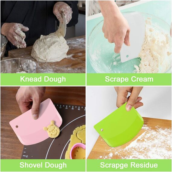 Vicloon Teigschaberkarte Kunststoff, 3 Stück Schüsselschaber, Dough Scraper Plastic, Teigschneider für Teigkuchen, Pizza, Backwerkzeug (Grün/Weiß/Rosa)