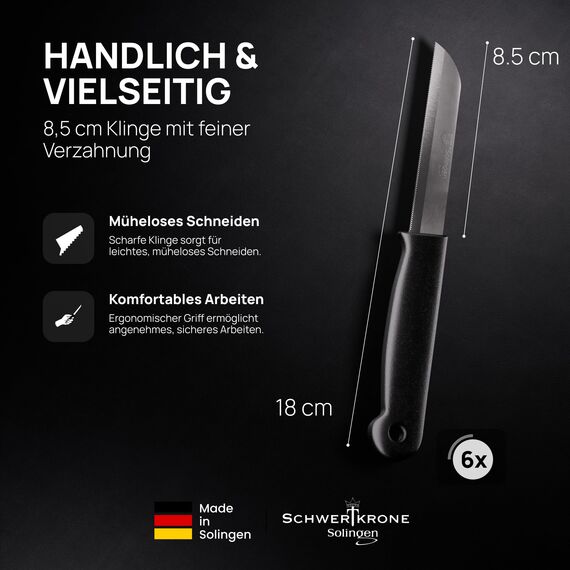 Schwertkrone® Tomatenmesser Obst- & Gemüsemesser 6er Set [MADE IN SOLINGEN - GERMANY] - Küchenmesser klein scharf - Schneidemesser Schälmesser Sägemesser - Allzweckmesser (Gezahnte Klinge: 9,0cm)