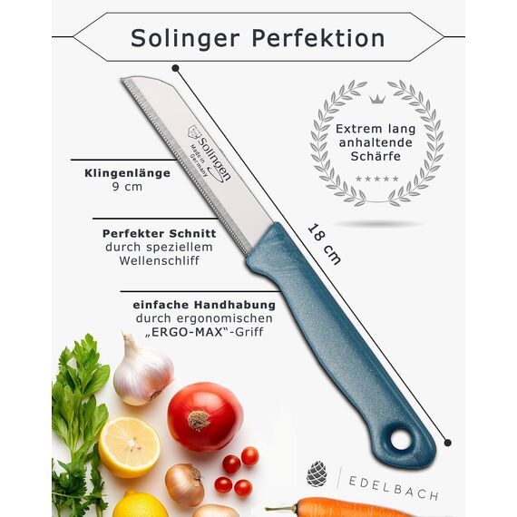 Edelbach Solingen | Küchenmesser Set | German, sehr scharfe kleine Messer, Messerset, Obstmesser, Gemüsemesser, Schälmesser, Sparschäler, Schälmesser, Solingen-Messer (9 cm Wellenschliff Klinge)
