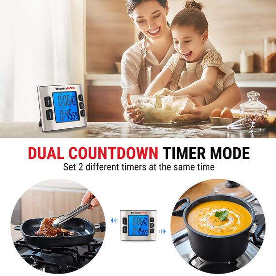 ThermoPro TM02 digitaler Küchentimer mit 2 Countdown-Stoppuhren Timer/Magnetuhr mit einstellbarem lautem Alarm und Hintergrundbeleucht mit großen LCD-Ziffern/24-Stunden-Anzeige für Kinder Lehrer