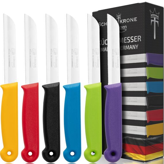 Schwertkrone® Tomatenmesser Obst- & Gemüsemesser 6er Set [MADE IN SOLINGEN - GERMANY] - Küchenmesser klein scharf - Schneidemesser Schälmesser Sägemesser - Allzweckmesser (Gezahnte Klinge: 9,0cm)
