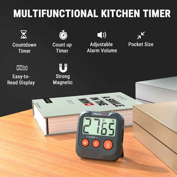 ThermoPro TM03W Küchentimer, digitaler Kochtimer mit großem LCD-Display, große Ziffern, Alarmlautstärke, einstellbare Timer, Uhr, multifunktionaler Countdown-Timer