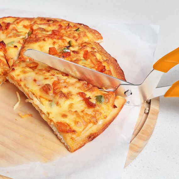 Asdirne Pizzaschere, Pizzaschneider mit lebensmittelechtem, scharfem Edelstahlblatt und weichem Griff, multifunktionale Küchenschere, 27 cm, Schwarz/Orange