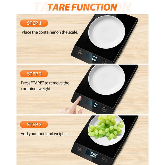 Letron Küchenwaage Digital 10KG Küchenwaagen Glas Digitale Waage Wasserdicht Elektronische Haushaltswaage zum Backen, Tara Funktion, Touch-Taste, 1g Genaue, Schwarz