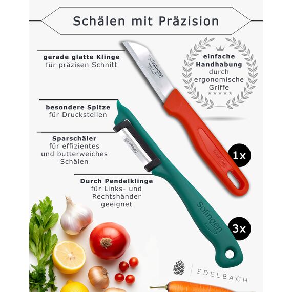 Edelbach Solingen | Küchenmesser Set | German, sehr scharfe kleine Messer, Messerset, Obstmesser, Gemüsemesser, Schälmesser, Sparschäler, Schälmesser, Solingen-Messer (4er Sparschäler)