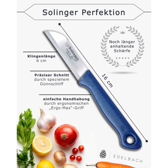 Edelbach Solingen | Küchenmesser Set | German, sehr scharfe kleine Messer, Messerset, Obstmesser, Gemüsemesser, Schälmesser, Sparschäler, Schälmesser, Solingen-Messer (6 cm gerade Klinge)