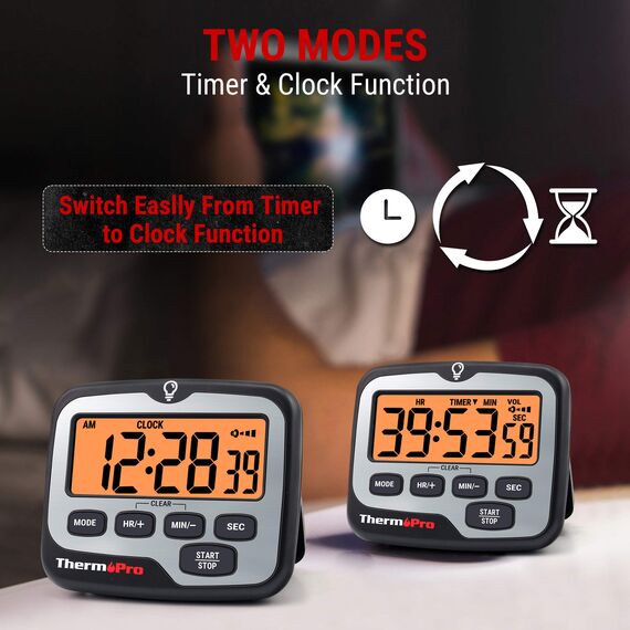 ThermoPro TM01 Küchentimer, digital, mit großem LCD-Display, Lautstärke, Alarm, Timer, Multifunktions-Timer, verstellbar, Countdown, Hintergrundbeleuchtung