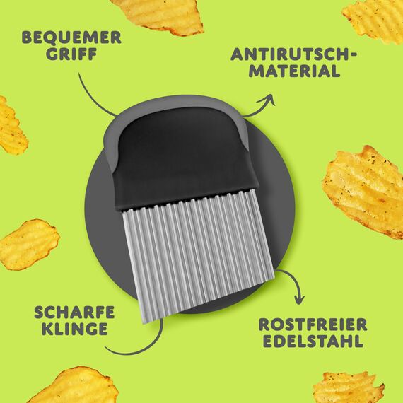 Villkin Wellenschneider für Kartoffeln - Riffelmesser aus Edelstahl für die schönsten Schnittmuster - Spülmaschinenfest (1x Schwarz-Grau)