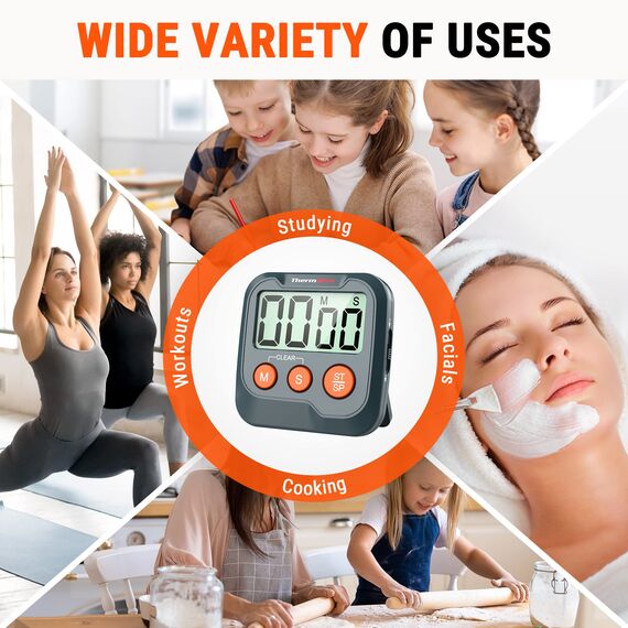 ThermoPro TM03W Küchentimer, digitaler Kochtimer mit großem LCD-Display, große Ziffern, Alarmlautstärke, einstellbare Timer, Uhr, multifunktionaler Countdown-Timer