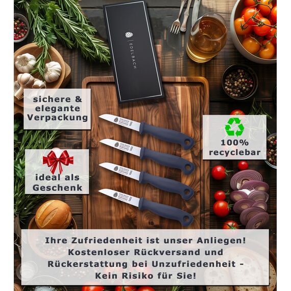 Edelbach Solingen | Küchenmesser Set | Deutsch | Ultrascharf | Messerset, Obstmesser, Gemüsemesser, Schäler, Sparschäler, Schälmesser, Solingen Messer (4er 'Perfect' gerade 3")