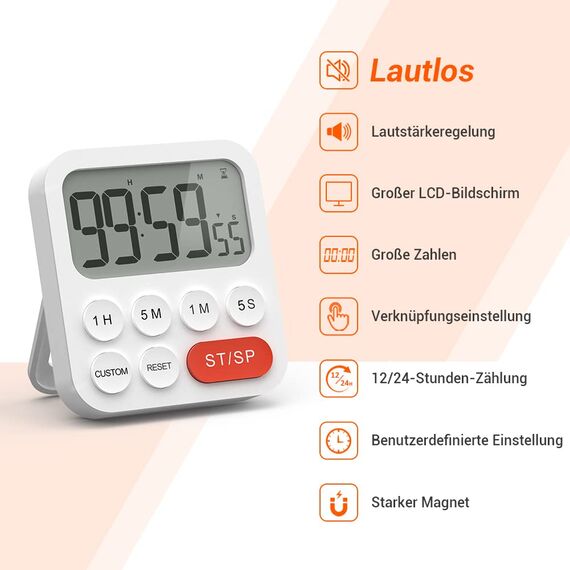 LIORQUE Digitaler Küchentimer Magnetisch Stoppuhr Timer mit Uhr, Magnet, 3-stufiger Lautstärke, LCD Anzeige für Kochen, Sport, Studieren, 2 AAA Batterien inklusive Rot