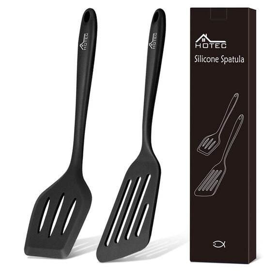 Hotec Pfannenwender-Set aus lebensmittelechtem Silikon, mit Schlitzen, Küchenutensilien zum Backen, Kochen, hitzebeständig, antihaftbeschichtet, starker Edelstahl Kern,Schwarz, 2 Stück