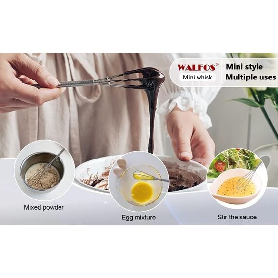 Walfos Mini Schneebesen - Kleiner Schneebesen Edelstahl - Küchen Ballonschneebesen, （13cm+18cm）Dicker Edelstahldraht＆ Starke Griffe, Eieraufschäumer zum Kochen, Mixen, Verquirlen, Rühren, Schlagen.