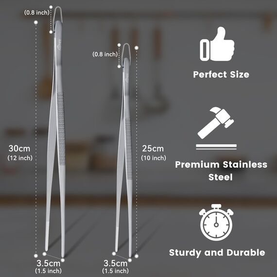 Hotec Edelstahl-Küchenpinzette, professionelle Küchenzange zum Kochen, Grillen und Backen, extra lange Lebensmittelpinzette, Set von 2,30.5zoll,25.4zoll