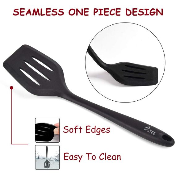 Hotec Pfannenwender-Set aus lebensmittelechtem Silikon, mit Schlitzen, Küchenutensilien zum Backen, Kochen, hitzebeständig, antihaftbeschichtet, starker Edelstahl Kern,Schwarz, 2 Stück