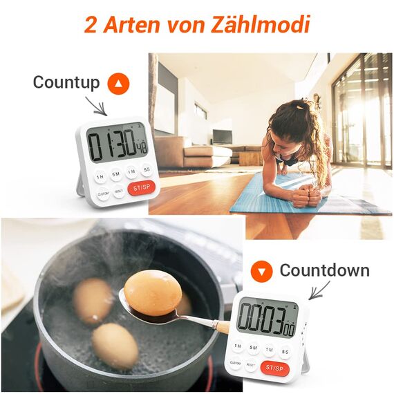 LIORQUE Digitaler Küchentimer Magnetisch Stoppuhr Timer mit Uhr, Magnet, 3-stufiger Lautstärke, LCD Anzeige für Kochen, Sport, Studieren, 2 AAA Batterien inklusive Rot