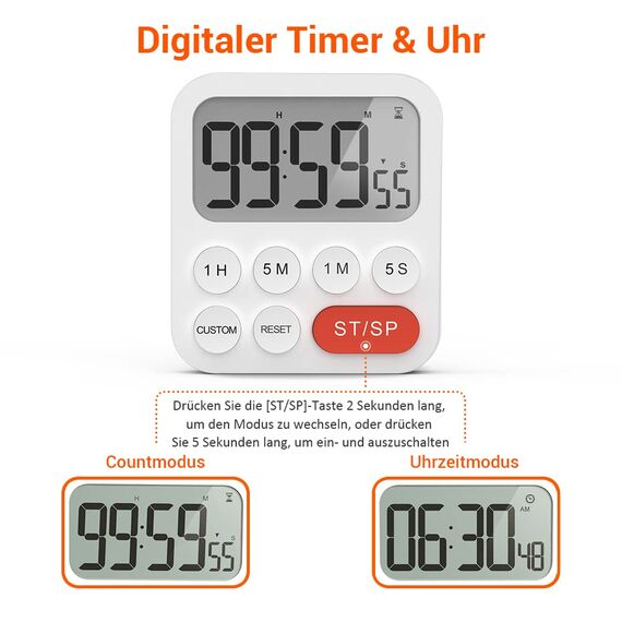 LIORQUE Digitaler Küchentimer Magnetisch Stoppuhr Timer mit Uhr, Magnet, 3-stufiger Lautstärke, LCD Anzeige für Kochen, Sport, Studieren, 2 AAA Batterien inklusive Rot
