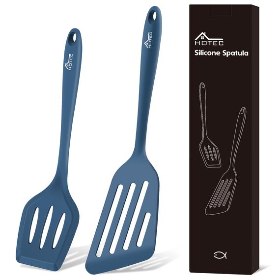 Hotec Pfannenwender-Set, Hitzebeständiger Silikon Geschlitzt Pfannenwender Spatel BPA Frei, Spülmaschinengeeignet Küchenhelfer Kochgeschirr Turner Antihaft Spachtel zum Kochen, 2 Stück,Dunkelblau