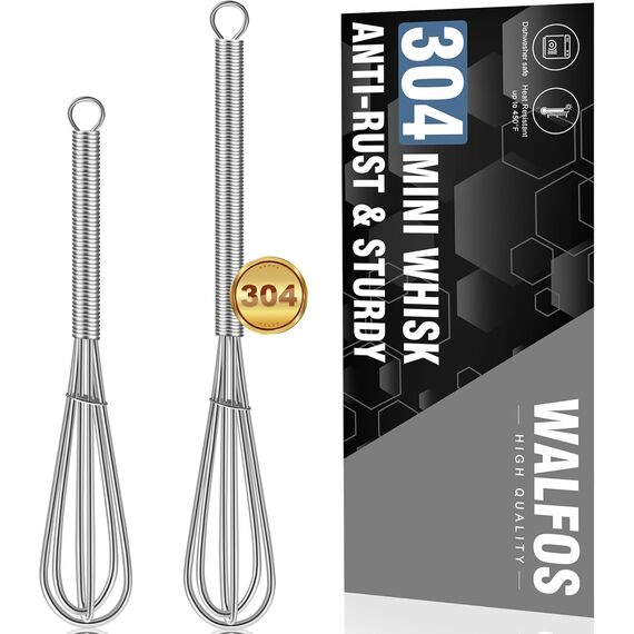 Walfos Mini Schneebesen - Kleiner Schneebesen Edelstahl - Küchen Ballonschneebesen, （13cm+18cm）Dicker Edelstahldraht＆ Starke Griffe, Eieraufschäumer zum Kochen, Mixen, Verquirlen, Rühren, Schlagen.