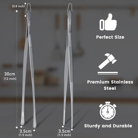 Hotec Edelstahl-Küchenpinzette, professionelle Küchenzange zum Kochen, Grillen und Backen, extra lange Lebensmittelpinzette, Set von 2 - 30,5 cm