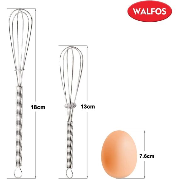 Walfos Mini Schneebesen - Kleiner Schneebesen Edelstahl - Küchen Ballonschneebesen, （13cm+18cm）Dicker Edelstahldraht＆ Starke Griffe, Eieraufschäumer zum Kochen, Mixen, Verquirlen, Rühren, Schlagen.