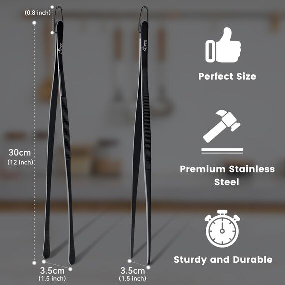 Hotec Edelstahl-Kochpinzette, professionelle Küchenzange zum Kochen, Grillen und Backen, extra lange Lebensmittelpinzette, Set von 2 - 30,5 cm, NZ-B02H