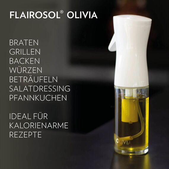 FLAIROSOL OLIVIA 130ml Glas-Ölsprüher - Kontinuierliche Ölsprühtechnik mit Portionskontrolle - Vielseitiger Ölzerstäuber zum Kochen, Salat, Grillen, Backen und für weitere Szenarien (Goldene Blätter)