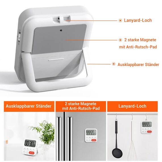 LIORQUE Digitaler Küchentimer Magnetisch Stoppuhr Timer mit Uhr, Magnet, 3-stufiger Lautstärke, LCD Anzeige für Kochen, Sport, Studieren, 2 AAA Batterien inklusive Rot