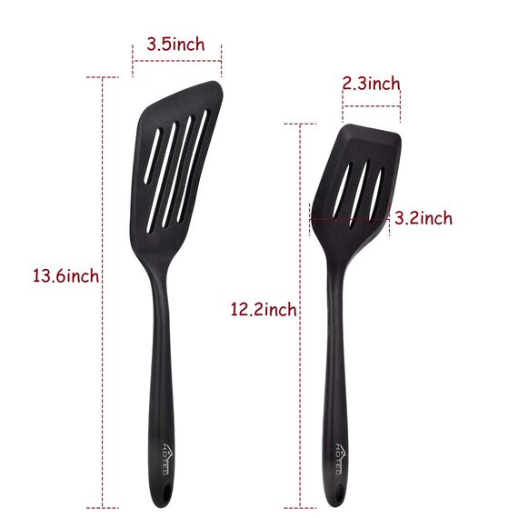 Hotec Pfannenwender-Set aus lebensmittelechtem Silikon, mit Schlitzen, Küchenutensilien zum Backen, Kochen, hitzebeständig, antihaftbeschichtet, starker Edelstahl Kern,Schwarz, 2 Stück