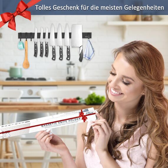 Dmore 50 cm Magnetleiste Messer mit 4 Haken, schwarzer Messerhalter magnetisch ohne Bohren, leistungsstarker Magnet Messerhalter, inklusive Klebeband und Schrauben für Messer, Utensilien und Werkzeuge